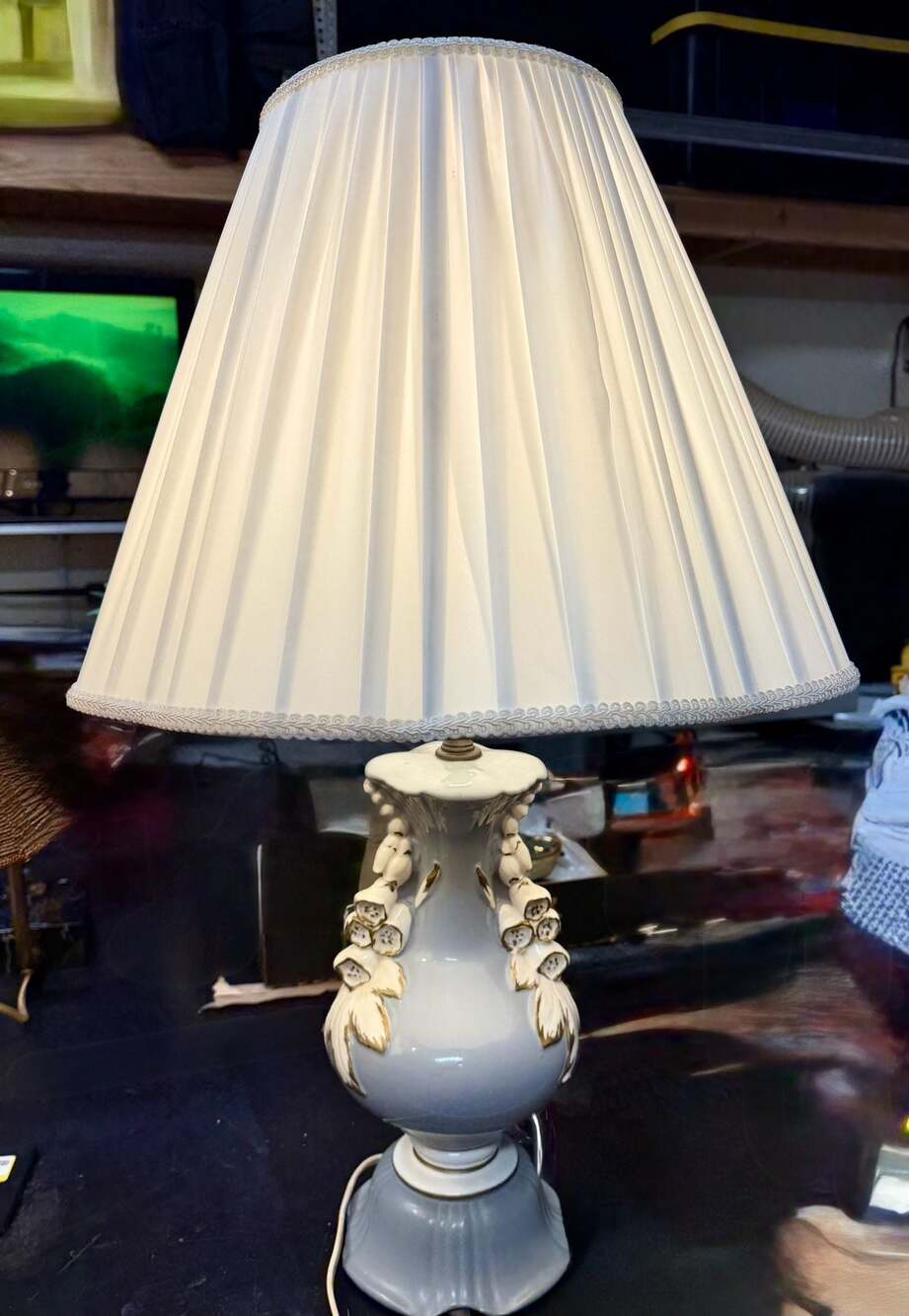 Vintage Porcelain Floral Motif Table Lamp with Pleated Empire Shade